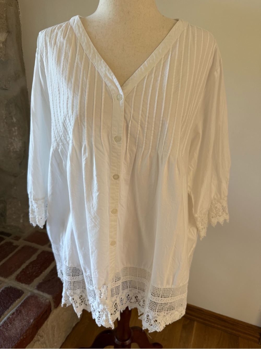 Ulla Popken White Lace-Trim Pintuck Button-Front Blouse
